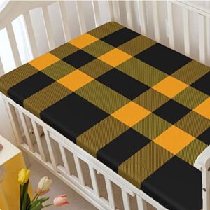 Plaid Themed Fitted Crib Sheet,Standard Crib Mattress Fitted Sheet Soft Toddler Mattress Sheet Fitted-Crib Mattress Sheet or Toddler Bed Sheet,28“ x52“,Black and Orange