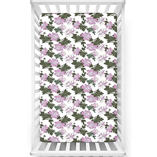 Peony Themed Fitted Crib Sheet,Standard Crib Mattress Fitted Sheet Toddler Bed Mattress Sheets-Great for Boy or Girl Room or Nursery,28“ x52“,Lilac Army Green Pale Purple Reseda Green