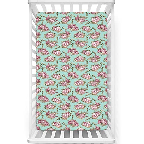 Peony Themed Fitted Mini Crib Sheets,Portable Mini Crib Sheets Toddler Bed Mattress Sheets-Great for Boy or Girl Room or Nursery,24“ x38“,Pale Seafoam Dried Rose Warm Taupe