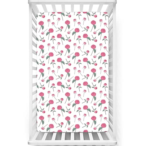 Rose Themed Fitted Mini Crib Sheets,Portable Mini Crib Sheets Soft and Breathable Bed Sheets-Baby Crib Sheets for Girl or Boy,24“ x38“,Jade Green Pink White