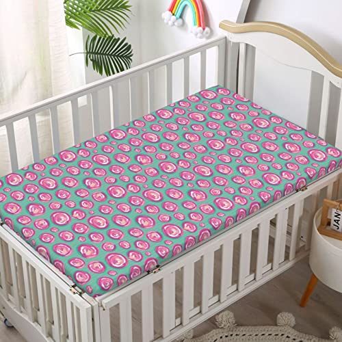 Pink Polka Dots Themed Fitted Mini Crib Sheets,Portable Mini Crib Sheets Soft & Stretchy Fitted Crib Sheet-Great for Boy or Girl Room or Nursery,24“ x38“,Pink Pale Pink Sea Green White