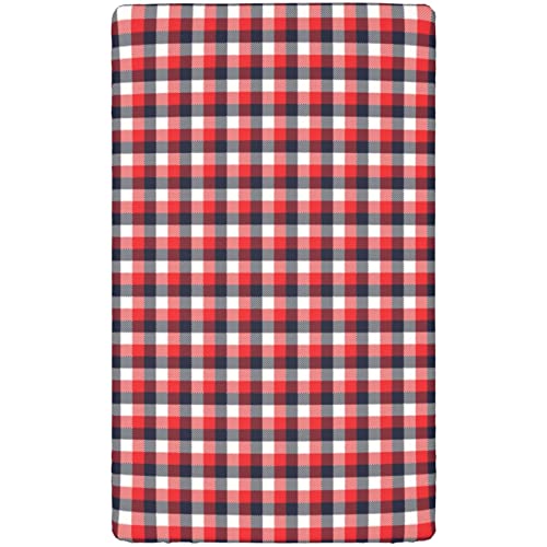 Plaid Themed Fitted Mini Crib Sheets,Portable Mini Crib Sheets Ultra Soft Material-Baby Sheet for Boys Girls,24“ x38“,Vermilion Dark Blue White