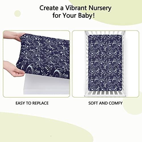 Royal Blue Themed Fitted Mini Crib Sheets,Portable Mini Crib Sheets Soft and Breathable Bed Sheets-Baby Sheet for Boys Girls,24“ x38“,Indigo White