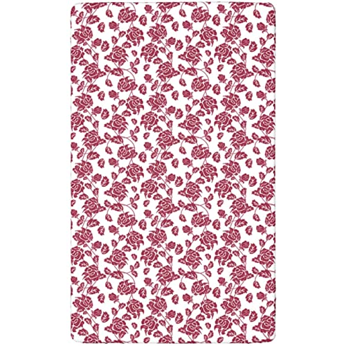 Rose Themed Fitted Mini Crib Sheets,Portable Mini Crib Sheets Ultra Soft Material-Crib Mattress Sheet or Toddler Bed Sheet,24“ x38“,Pale Maroon White