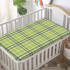 Plaid Themed Fitted Mini Crib Sheets,Portable Mini Crib Sheets Toddler Bed Mattress Sheets-Great for Boy or Girl Room or Nursery,24“ x38“,Beige Green Hunter Green