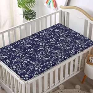 Royal Blue Themed Fitted Mini Crib Sheets,Portable Mini Crib Sheets Soft and Breathable Bed Sheets-Baby Sheet for Boys Girls,24“ x38“,Indigo White