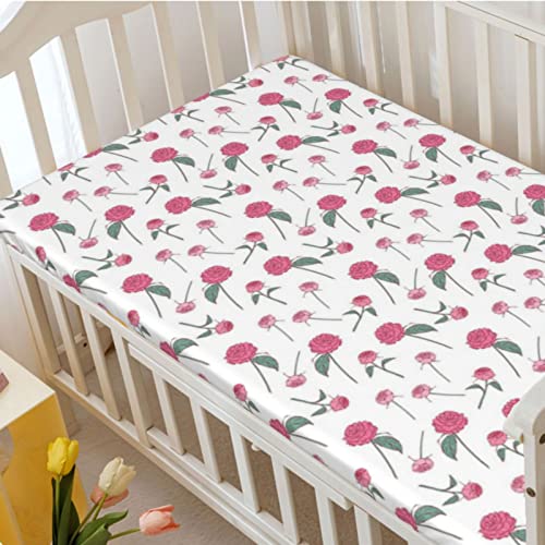 Rose Themed Fitted Mini Crib Sheets,Portable Mini Crib Sheets Soft and Breathable Bed Sheets-Baby Crib Sheets for Girl or Boy,24“ x38“,Jade Green Pink White