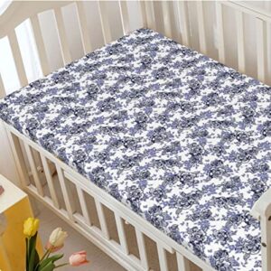 Rose Themed Fitted Crib Sheet,Standard Crib Mattress Fitted Sheet Ultra Soft Material-Baby Sheet for Boys Girls,28“ x52“,Ceil Blue Indigo and White