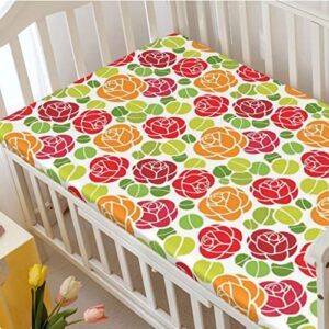 Rose Themed Fitted Mini Crib Sheets,Portable Mini Crib Sheets Ultra Soft Material-Baby Sheet for Boys Girls,24“ x38“,Multicolor