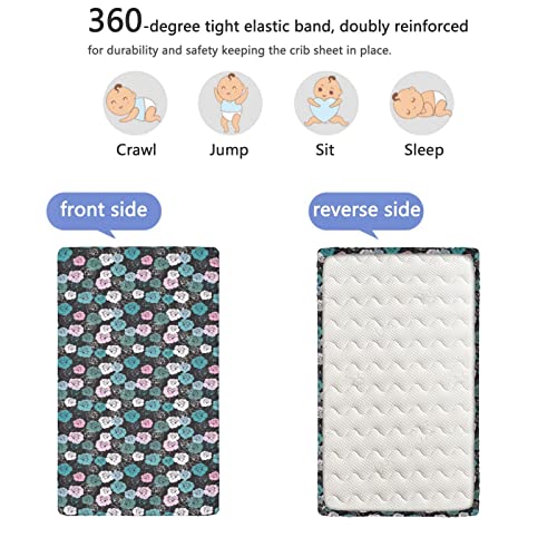 Roses Themed Fitted Crib Sheet,Standard Crib Mattress Fitted Sheet Soft & Stretchy Fitted Crib Sheet-Crib Mattress Sheet or Toddler Bed Sheet,28“ x52“,Baby Pink Cadet Blue