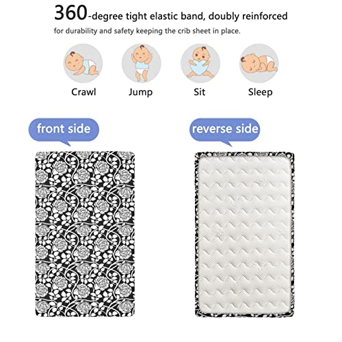 Roses Themed Fitted Crib Sheet,Standard Crib Mattress Fitted Sheet Toddler Bed Mattress Sheets-Great for Boy or Girl Room or Nursery,28“ x52“,White and Charcoal Grey