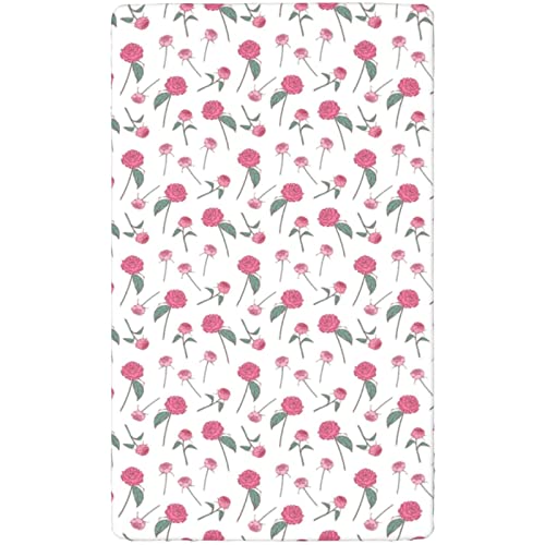 Rose Themed Fitted Mini Crib Sheets,Portable Mini Crib Sheets Soft and Breathable Bed Sheets-Baby Crib Sheets for Girl or Boy,24“ x38“,Jade Green Pink White