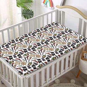 Pirates Themed Fitted Mini Crib Sheets,Portable Mini Crib Sheets Soft & Stretchy Fitted Crib Sheet-Baby Crib Sheets for Girl or Boy,24“ x38“,Multicolor