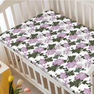 Peony Themed Fitted Crib Sheet,Standard Crib Mattress Fitted Sheet Toddler Bed Mattress Sheets-Great for Boy or Girl Room or Nursery,28“ x52“,Lilac Army Green Pale Purple Reseda Green