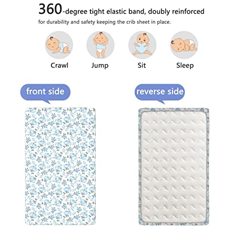 Rose Themed Fitted Crib Sheet,Standard Crib Mattress Fitted Sheet Soft and Breathable Bed Sheets-Baby Crib Sheets for Girl or Boy,28“ x52“,Pale Azure Blue White