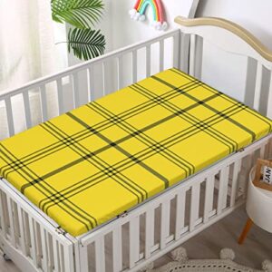 Plaid Themed Fitted Mini Crib Sheets,Portable Mini Crib Sheets Toddler Bed Mattress Sheets-Baby Sheet for Boys Girls,24“ x38“,Yellow and Charcoal Grey