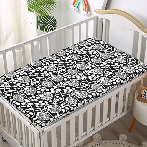 Roses Themed Fitted Crib Sheet,Standard Crib Mattress Fitted Sheet Toddler Bed Mattress Sheets-Great for Boy or Girl Room or Nursery,28“ x52“,White and Charcoal Grey