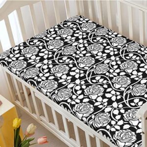 Roses Themed Fitted Crib Sheet,Standard Crib Mattress Fitted Sheet Toddler Bed Mattress Sheets-Great for Boy or Girl Room or Nursery,28“ x52“,White and Charcoal Grey