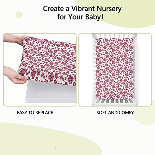 Rose Themed Fitted Mini Crib Sheets,Portable Mini Crib Sheets Ultra Soft Material-Crib Mattress Sheet or Toddler Bed Sheet,24“ x38“,Pale Maroon White