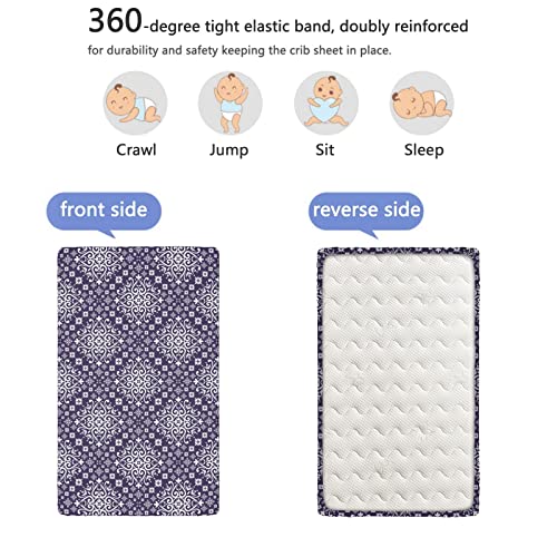 Royal Blue Themed Fitted Mini Crib Sheets,Portable Mini Crib Sheets Ultra Soft Material-Great for Boy or Girl Room or Nursery,24“ x38“,Indigo White