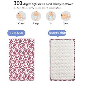 Rose Themed Fitted Mini Crib Sheets,Portable Mini Crib Sheets Ultra Soft Material-Crib Mattress Sheet or Toddler Bed Sheet,24“ x38“,Pale Maroon White