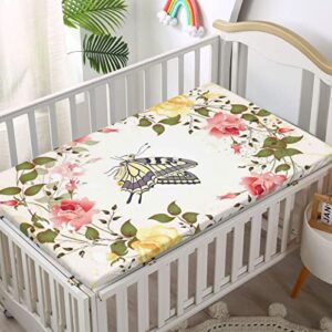 Rose Themed Fitted Mini Crib Sheets,Portable Mini Crib Sheets Soft Toddler Mattress Sheet Fitted-Crib Mattress Sheet or Toddler Bed Sheet,24“ x38“,Multicolor