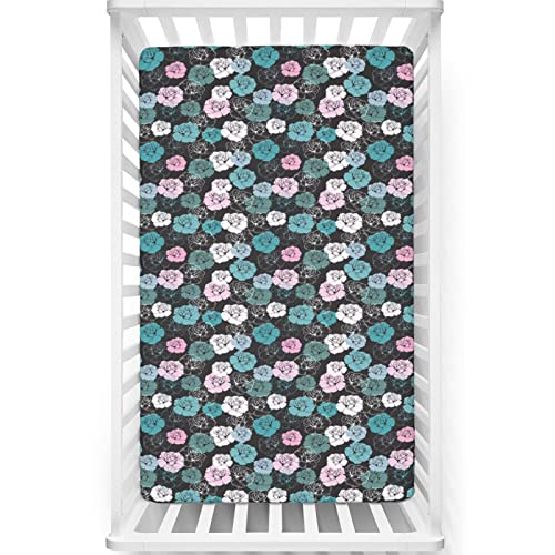 Roses Themed Fitted Crib Sheet,Standard Crib Mattress Fitted Sheet Soft & Stretchy Fitted Crib Sheet-Crib Mattress Sheet or Toddler Bed Sheet,28“ x52“,Baby Pink Cadet Blue