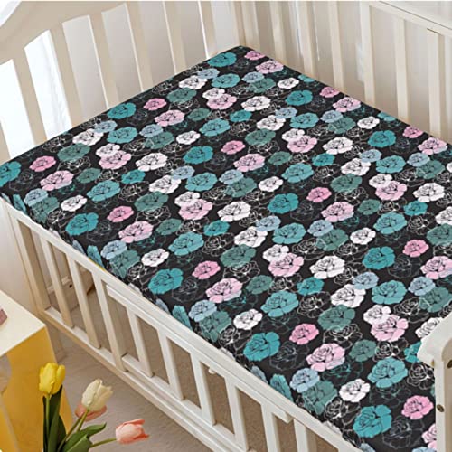 Roses Themed Fitted Crib Sheet,Standard Crib Mattress Fitted Sheet Soft & Stretchy Fitted Crib Sheet-Crib Mattress Sheet or Toddler Bed Sheet,28“ x52“,Baby Pink Cadet Blue