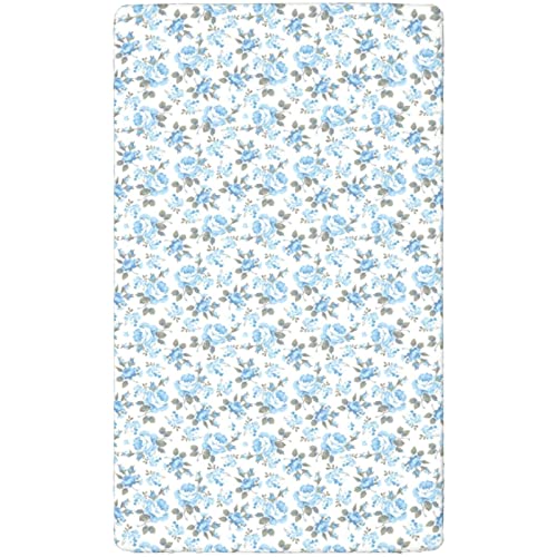 Rose Themed Fitted Crib Sheet,Standard Crib Mattress Fitted Sheet Soft and Breathable Bed Sheets-Baby Crib Sheets for Girl or Boy,28“ x52“,Pale Azure Blue White