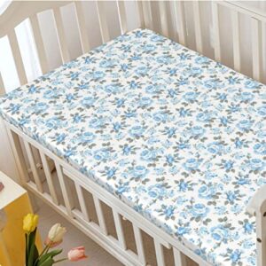 Rose Themed Fitted Crib Sheet,Standard Crib Mattress Fitted Sheet Soft and Breathable Bed Sheets-Baby Crib Sheets for Girl or Boy,28“ x52“,Pale Azure Blue White