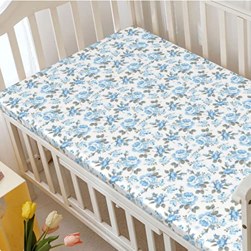 Rose Themed Fitted Crib Sheet,Standard Crib Mattress Fitted Sheet Soft and Breathable Bed Sheets-Baby Crib Sheets for Girl or Boy,28“ x52“,Pale Azure Blue White