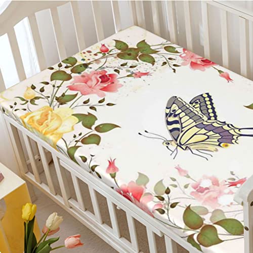 Rose Themed Fitted Mini Crib Sheets,Portable Mini Crib Sheets Soft Toddler Mattress Sheet Fitted-Crib Mattress Sheet or Toddler Bed Sheet,24“ x38“,Multicolor