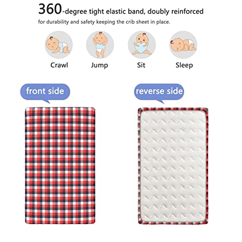 Plaid Themed Fitted Mini Crib Sheets,Portable Mini Crib Sheets Ultra Soft Material-Baby Sheet for Boys Girls,24“ x38“,Vermilion Dark Blue White