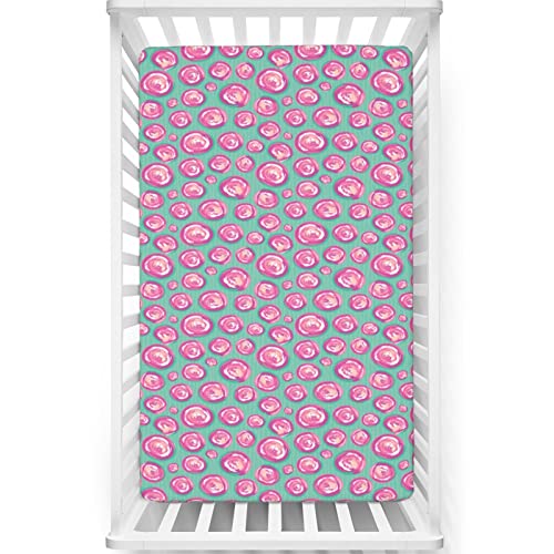 Pink Polka Dots Themed Fitted Mini Crib Sheets,Portable Mini Crib Sheets Soft & Stretchy Fitted Crib Sheet-Great for Boy or Girl Room or Nursery,24“ x38“,Pink Pale Pink Sea Green White