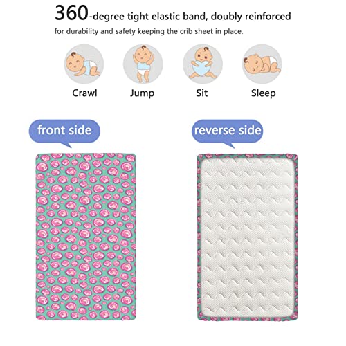 Pink Polka Dots Themed Fitted Mini Crib Sheets,Portable Mini Crib Sheets Soft & Stretchy Fitted Crib Sheet-Great for Boy or Girl Room or Nursery,24“ x38“,Pink Pale Pink Sea Green White