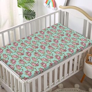 Peony Themed Fitted Mini Crib Sheets,Portable Mini Crib Sheets Toddler Bed Mattress Sheets-Great for Boy or Girl Room or Nursery,24“ x38“,Pale Seafoam Dried Rose Warm Taupe