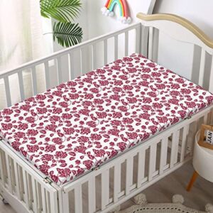 Rose Themed Fitted Mini Crib Sheets,Portable Mini Crib Sheets Ultra Soft Material-Crib Mattress Sheet or Toddler Bed Sheet,24“ x38“,Pale Maroon White