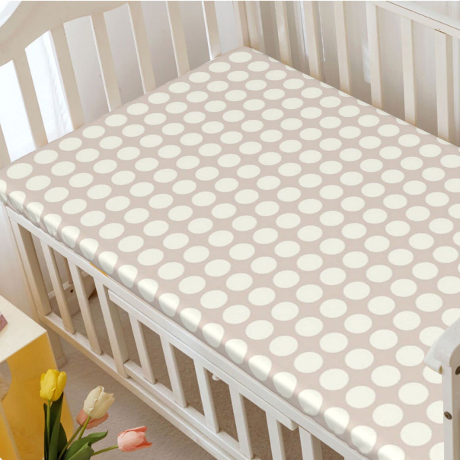 Polka Dot Themed Fitted Mini Crib Sheets,Portable Mini Crib Sheets Soft and Breathable Bed Sheets-Crib Mattress Sheet or Toddler Bed Sheet,24“ x38“,Pale Tan and Ivory