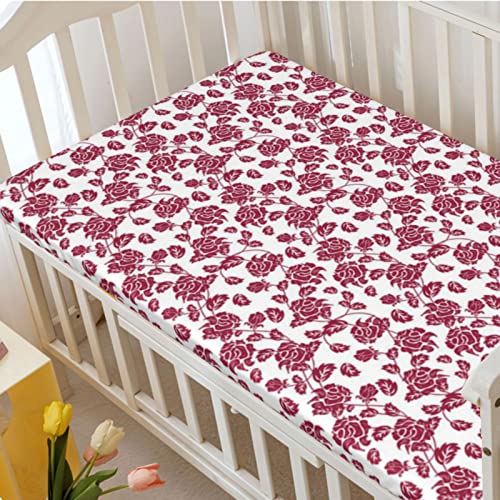 Rose Themed Fitted Mini Crib Sheets,Portable Mini Crib Sheets Ultra Soft Material-Crib Mattress Sheet or Toddler Bed Sheet,24“ x38“,Pale Maroon White