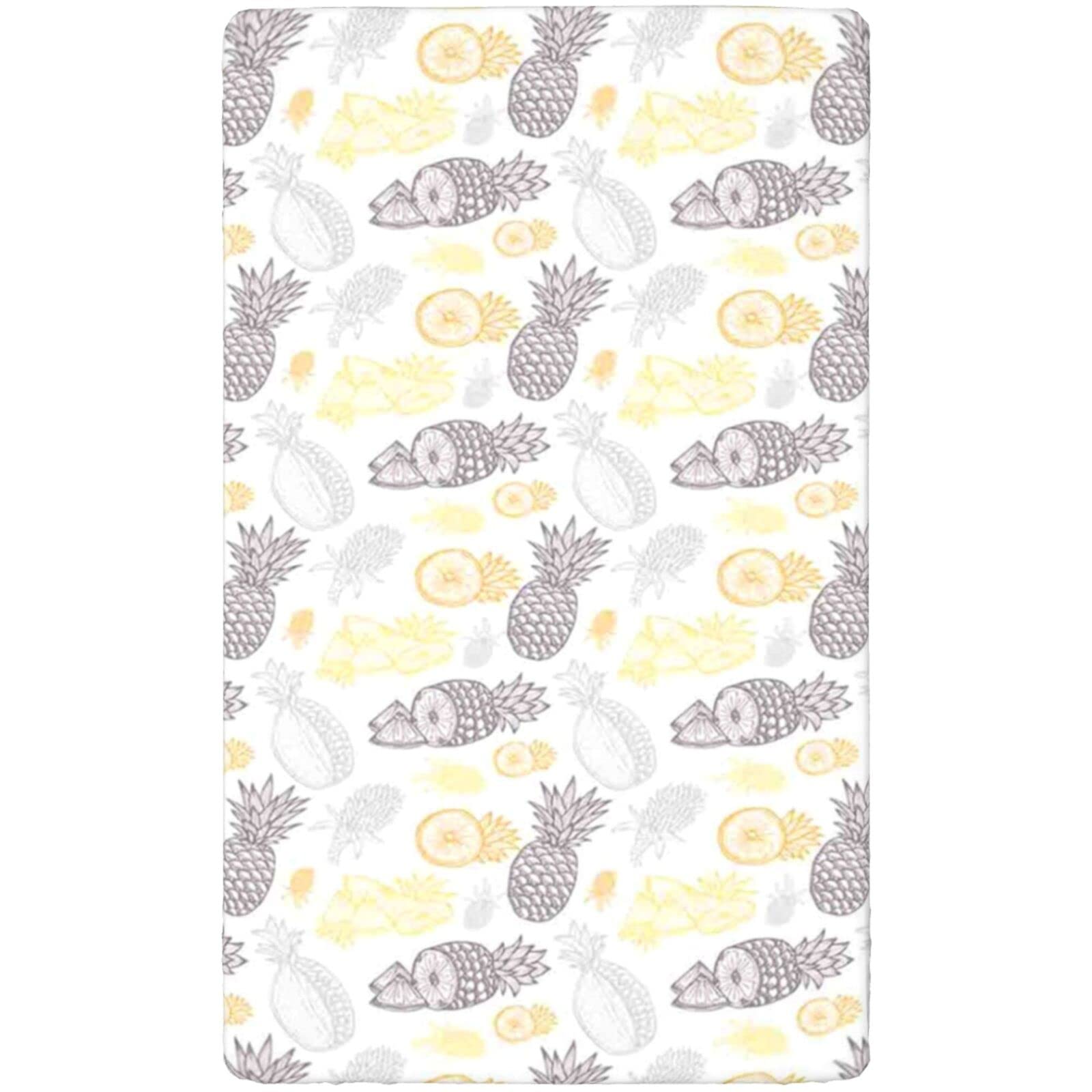 Pineapple Themed Fitted Mini Crib Sheets,Portable Mini Crib Sheets Toddler Bed Mattress Sheets-Great for Boy or Girl Room or Nursery,24“ x38“,Mustard Yellow Mauve