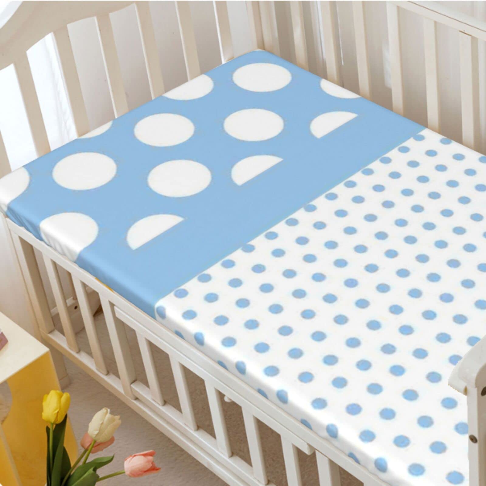 Polka Dots Themed Fitted Mini Crib Sheets,Portable Mini Crib Sheets Toddler Bed Mattress Sheets-Baby Crib Sheets for Girl or Boy,24“ x38“,White Blue