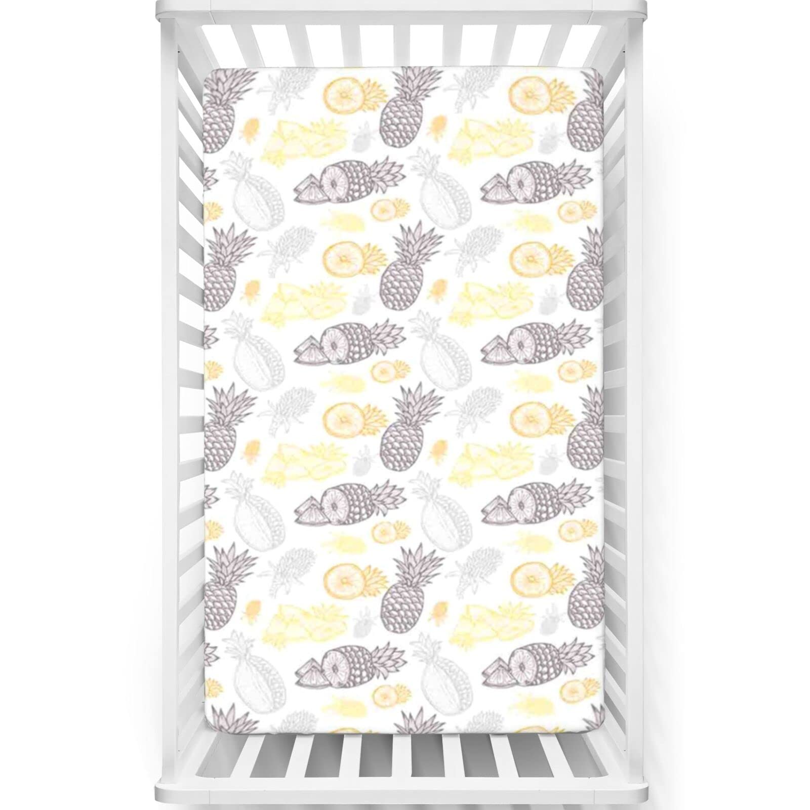 Pineapple Themed Fitted Mini Crib Sheets,Portable Mini Crib Sheets Toddler Bed Mattress Sheets-Great for Boy or Girl Room or Nursery,24“ x38“,Mustard Yellow Mauve