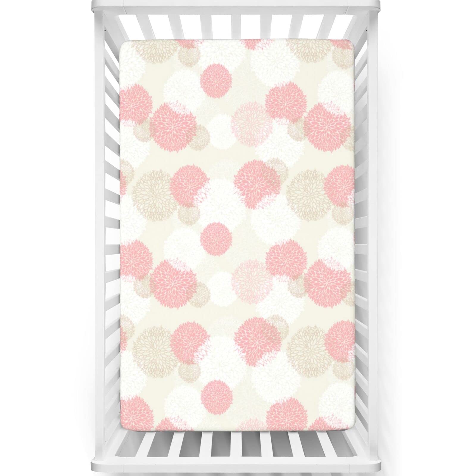 Pastel Themed Fitted Mini Crib Sheets,Portable Mini Crib Sheets Toddler Bed Mattress Sheets-Baby Crib Sheets for Girl or Boy,24“ x38“,Pale Pink White Brown