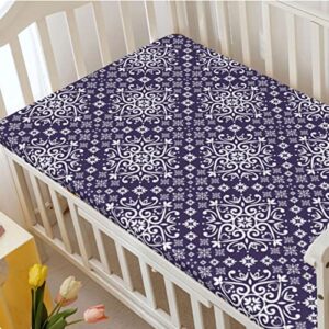 Royal Blue Themed Fitted Mini Crib Sheets,Portable Mini Crib Sheets Ultra Soft Material-Great for Boy or Girl Room or Nursery,24“ x38“,Indigo White