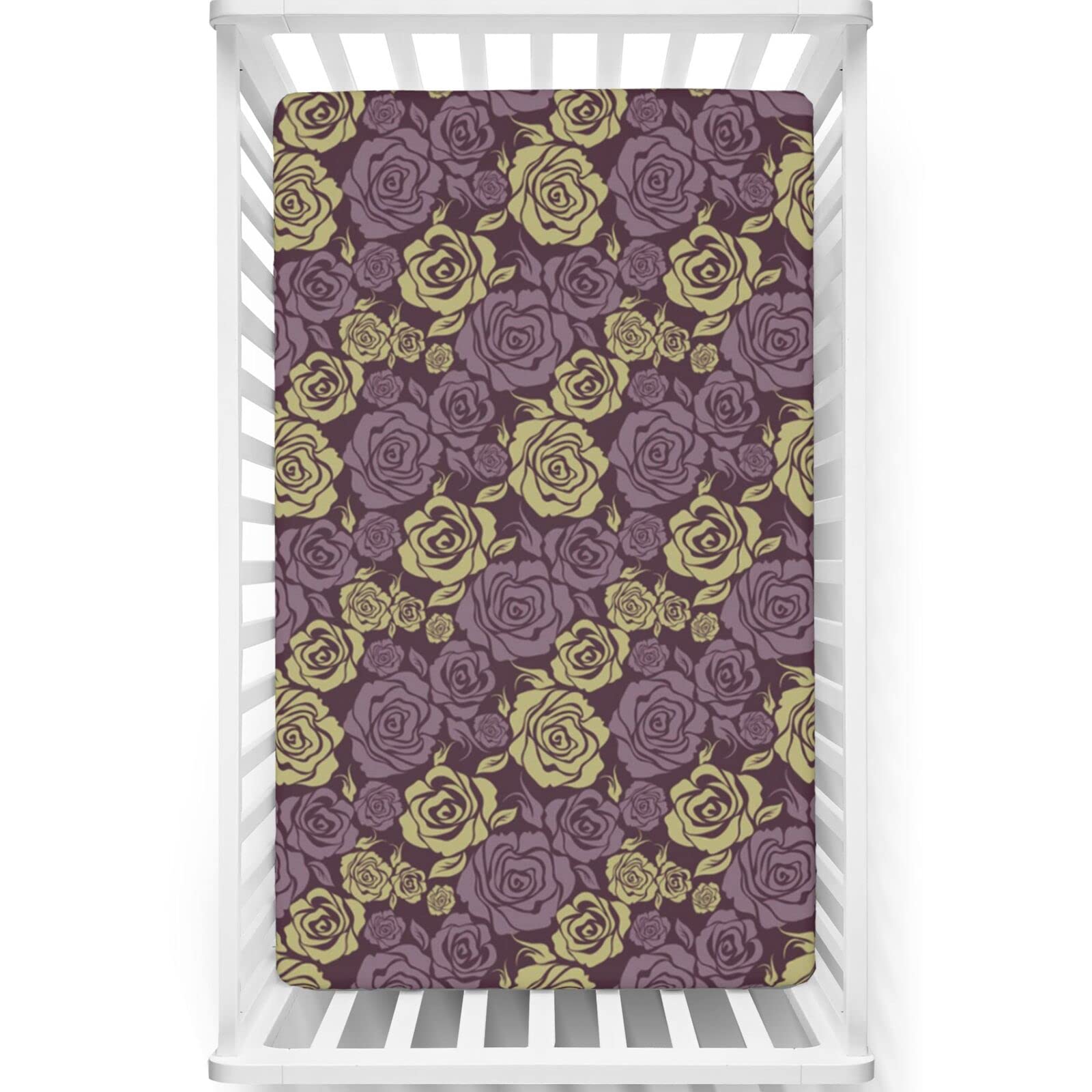 Rose Themed Fitted Mini Crib Sheets,Portable Mini Crib Sheets Toddler Bed Mattress Sheets-Crib Mattress Sheet or Toddler Bed Sheet,24“ x38“,Dark Fuchsia Khaki Pale Eggplant