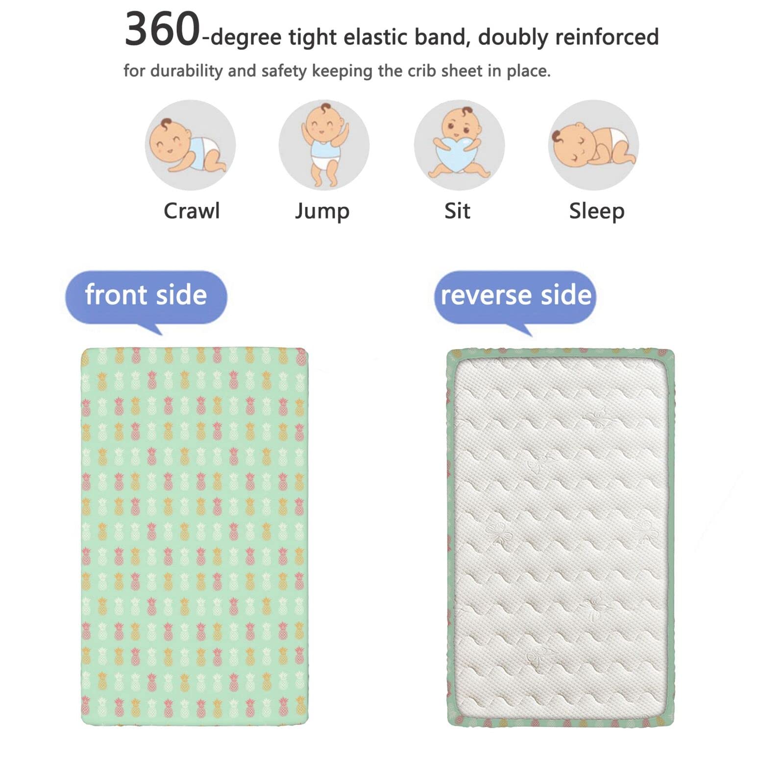 Pineapple Themed Fitted Mini Crib Sheets,Portable Mini Crib Sheets Toddler Bed Mattress Sheets-Crib Mattress Sheet or Toddler Bed Sheet,24“ x38“,Almond Green Multicolor