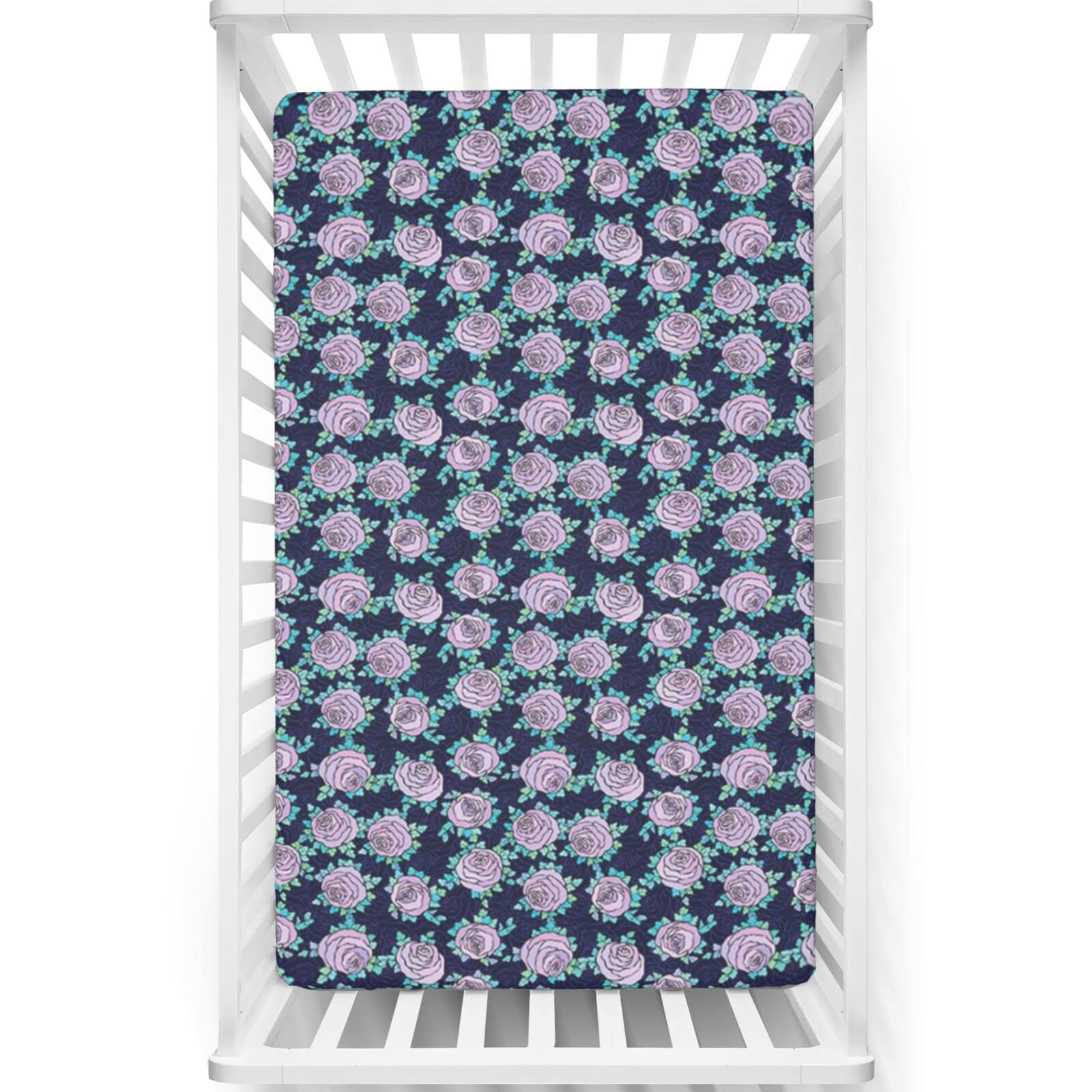 Rose Themed Fitted Mini Crib Sheets,Portable Mini Crib Sheets Soft & Stretchy Fitted Crib Sheet-Baby Sheet for Boys Girls,24“ x38“,Indigo Aqua Lilac