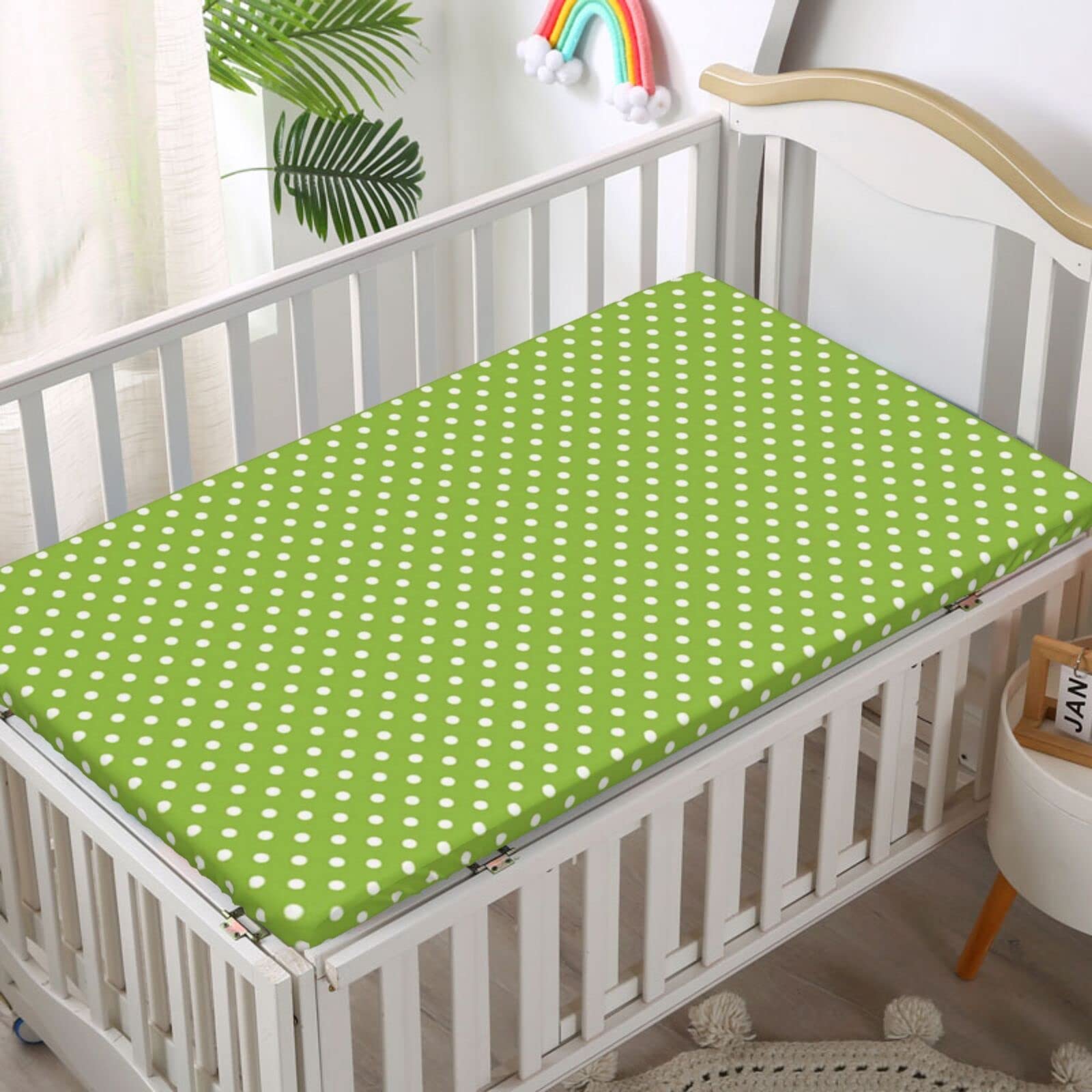 Polka Dots Themed Fitted Crib Sheet,Standard Crib Mattress Fitted Sheet Ultra Soft Material-Crib Mattress Sheet or Toddler Bed Sheet,28“ x52“,Lime Green and White