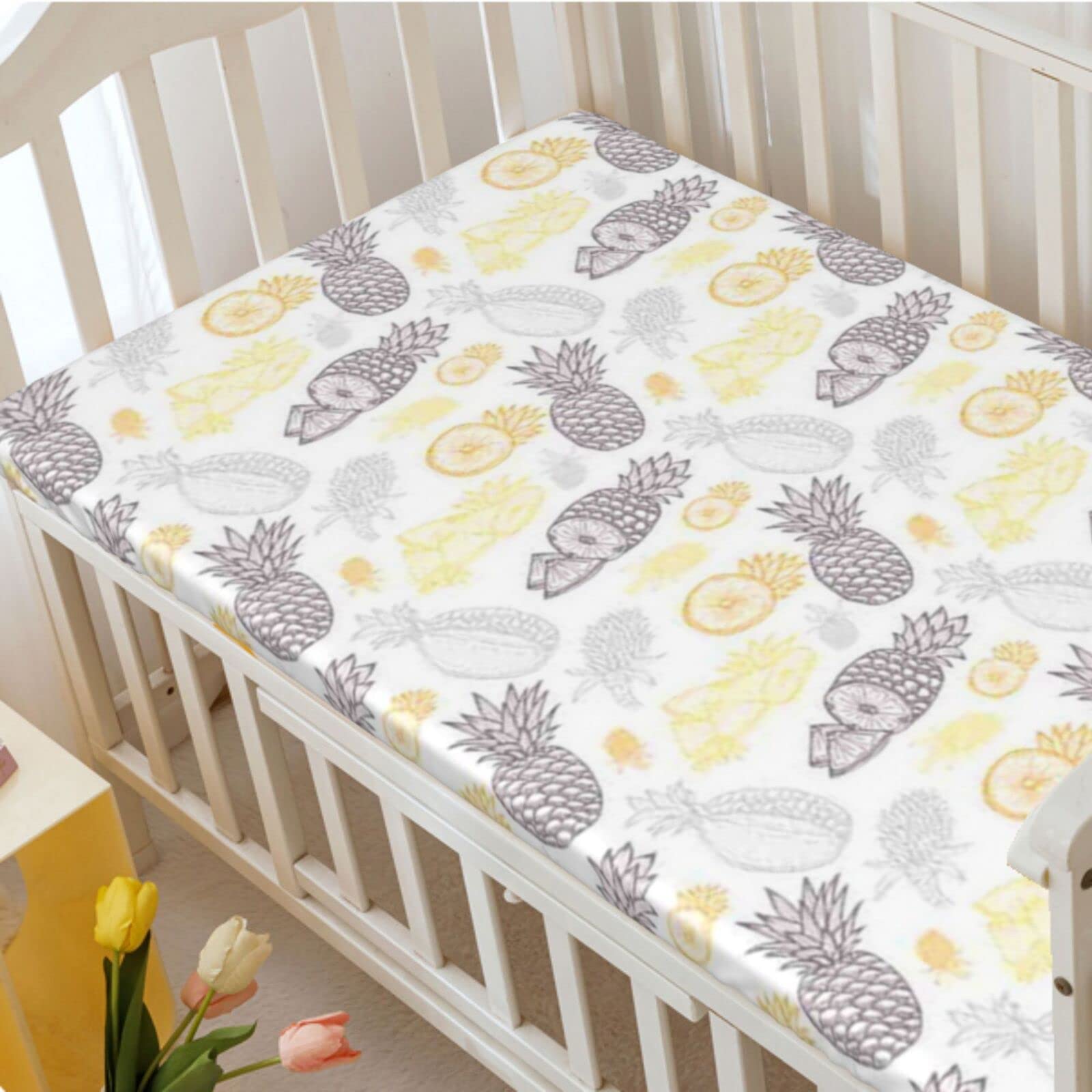 Pineapple Themed Fitted Mini Crib Sheets,Portable Mini Crib Sheets Toddler Bed Mattress Sheets-Great for Boy or Girl Room or Nursery,24“ x38“,Mustard Yellow Mauve