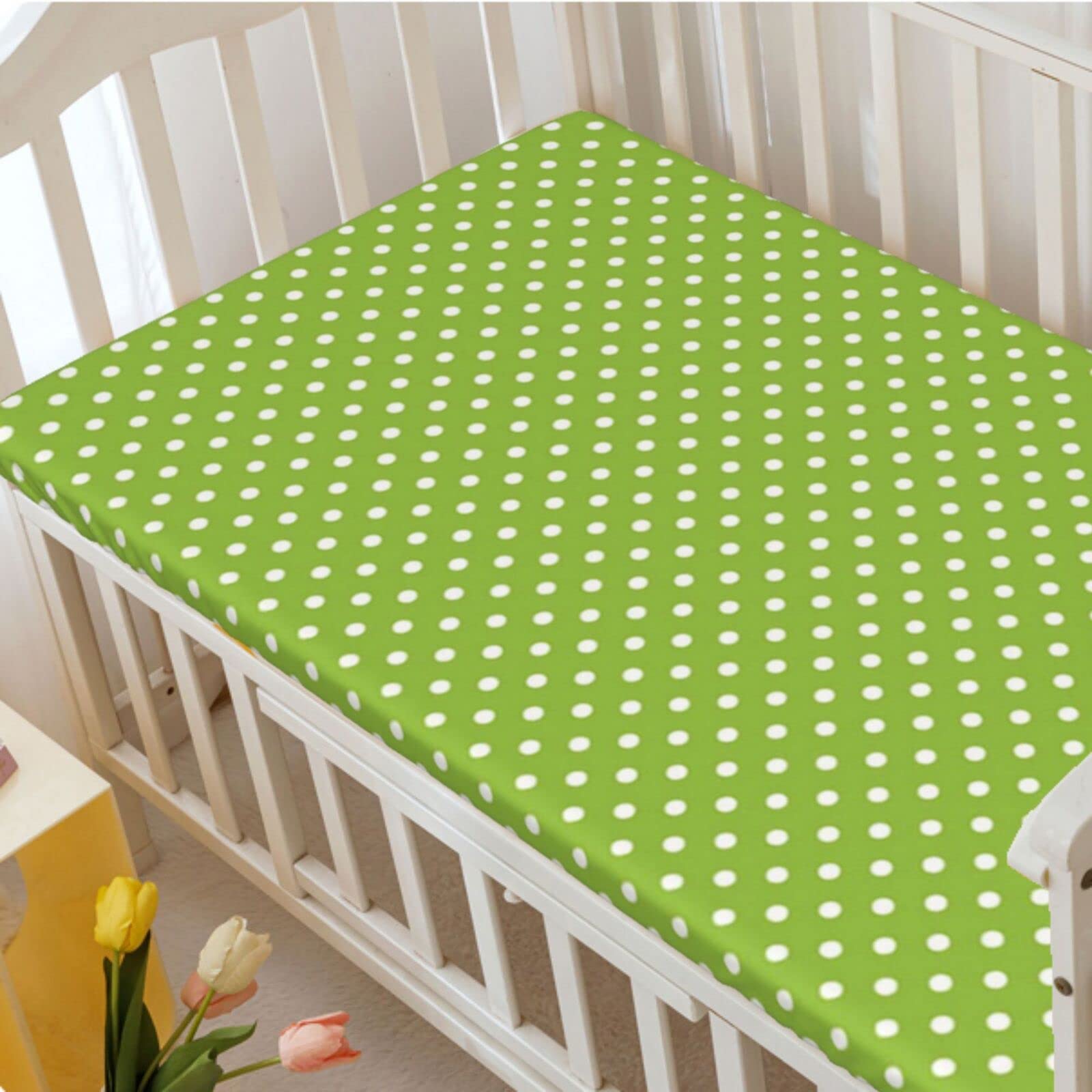 Polka Dots Themed Fitted Crib Sheet,Standard Crib Mattress Fitted Sheet Ultra Soft Material-Crib Mattress Sheet or Toddler Bed Sheet,28“ x52“,Lime Green and White